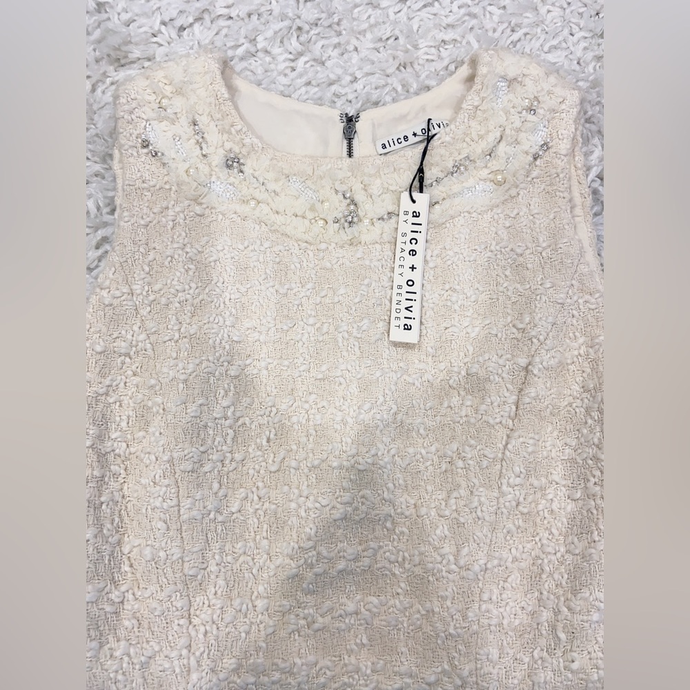 NWT Alice + Olivia Haven Embellished Ivory Tweed Dress - Picture 5 of 12